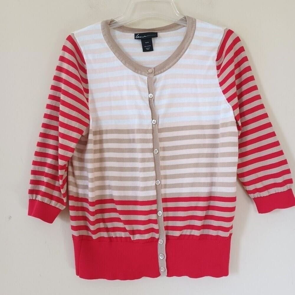 Lane Bryant Cardigan 14/16 Red Red Tan Striped 3/4 Sleeve Cotton Preppy Coastal
